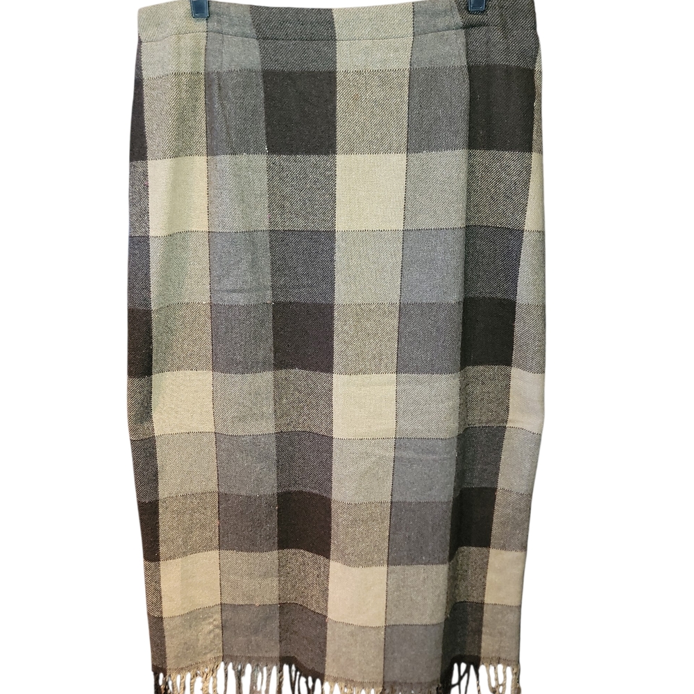 Laura Scott Neutral Plaid Fringe Pencil Skirt - Grey & Cream